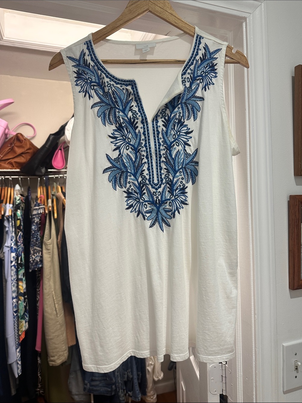J. Jill Ivory Sleeveless Tunic with Blue Embroidered V-Neck